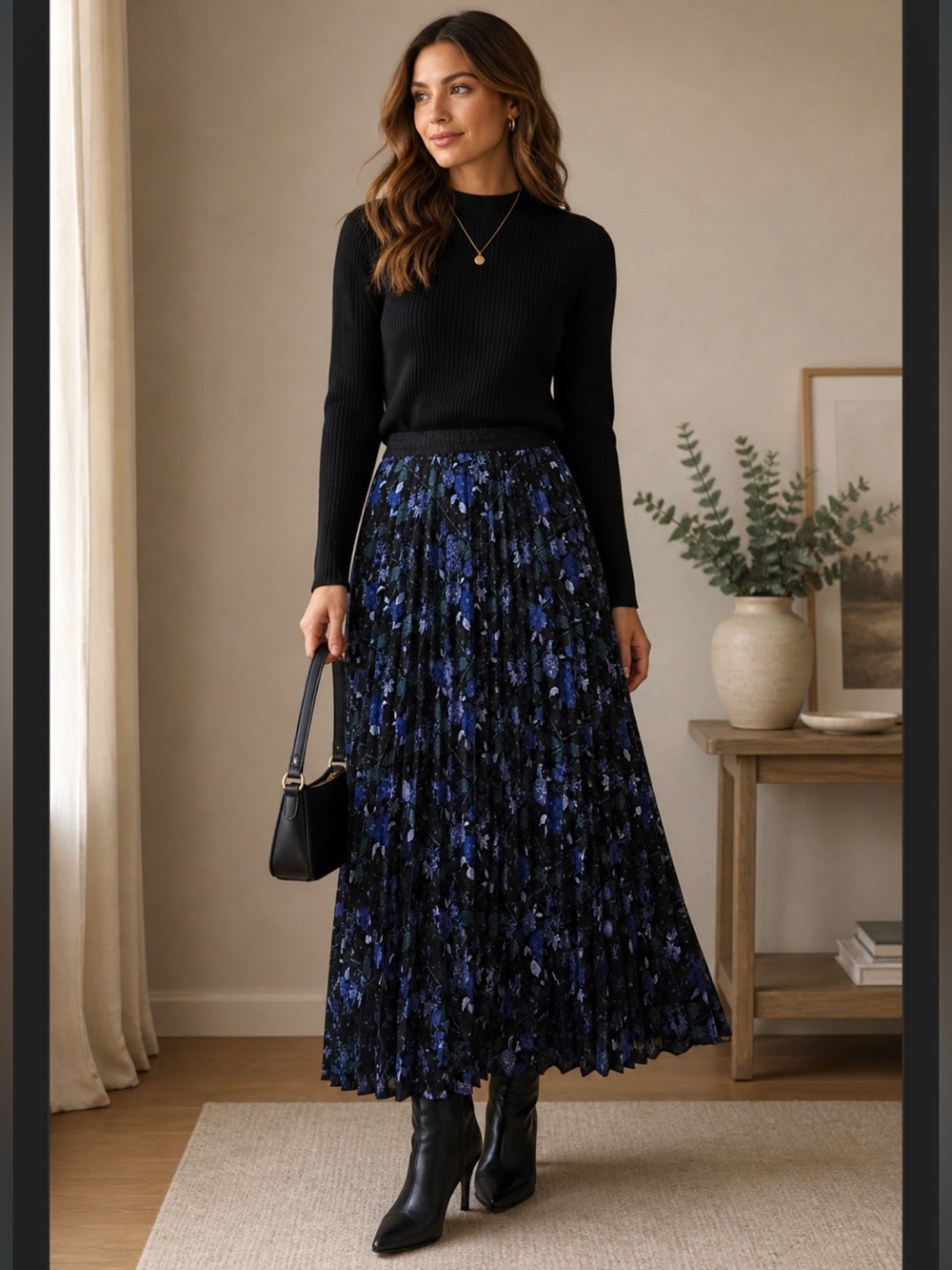 Woolrich Pleated Maxi‎ Skirt Blue Floral Print Elegant Sophisticated